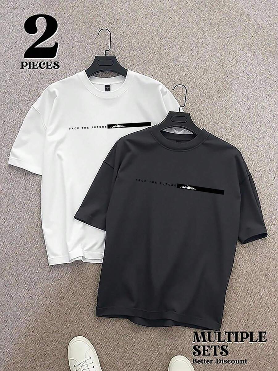 Manfinity Homme 男士夏季字母印花圆领短袖休闲T恤男式图案T恤 - 深灰色 - 查看 1