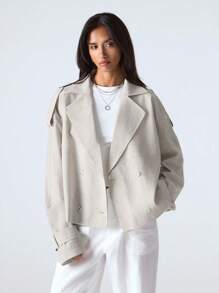 LYSMO Áo khoác trench coat hai hàng khuy trơn màu giản dị dành cho nữ - Màu be - Xem 1