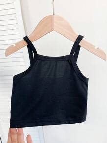 SHEIN 3 件套女婴休闲条纹长袖防晒领衬衫、柔软亲肤黑色吊带背心和紧身短裤套装，适合上学、日常穿着和运动 - 酒紅色 - 查看 4