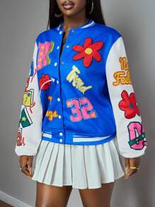 Slaydiva 2025 Herbst/Winter Neue Musik Festival, Abschluss, Studentenmode, Lässig, Streetwear, Cooles Mädchen, Varsity Sport, Buchstaben & Blumen Grafik Kurzarm, PU Ärmel Splice Blaue Damen Hoodie Jacke Japanischer Mode Grafik Muster Jacke Bomberjacke Vergnügungspark - Verschiedenfarbig - Übersicht 3