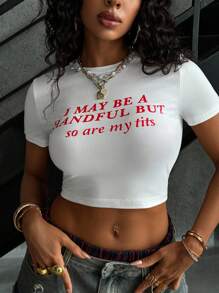 Rovax Áo crop top cổ tròn in khẩu hiệu thường ngày cho nữ, Xuân/Hè - trắng - Xem 4