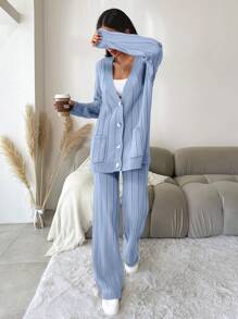EURMUSE Ensemble Deux Pièces Cardigan Ample Et Pantalon Tricoté Pour Femmes - Bleu ciel - Voir 5