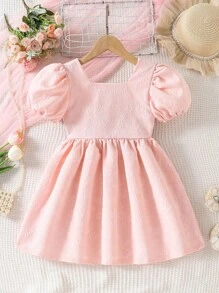 Elladie kids Elladie 女童夏季優雅甜美泡泡袖洋裝，粉色梭織提花面料，柔軟舒適，露背蝴蝶結裝飾可拆卸，適合休閒時尚、旅行、日常穿著、運動、校園穿搭、派對、生日禮物、度假風、夏季穿搭、畢業禮服、優雅造型 - 粉色 - 查看 2