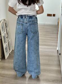 Tween GirlsLight Washed Denim Jeans With Sweet Embroidered Butterfly & Cherry Blossom Patterns, Comfortable Casual Outdoor Elastic Waist Wide-Leg Pants