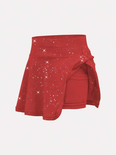 SHEIN 少女运动服 柔软舒适弹力星星印花红色半身裙 适合瑜伽、室内舞蹈