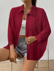 SHEIN EZwear Spring White Solid Batwing Sleeve Shirt - Burgundy - View 5