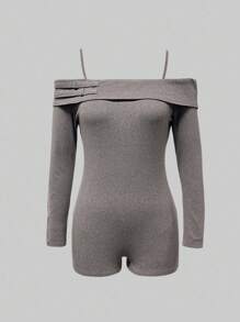 INAWLY Mono informal de mujer de unicolor con hombros abiertos y manga larga - Gris - Ver 1