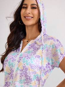 Easithlete Chaqueta deportiva con capucha con cordón y manga corta con estampado floral diminuto para mujeres - Multicolor - Ver 3