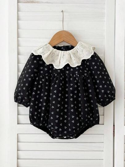 SHEIN A8054 Baby Girls Spring/Autumn Bodysuit With Lace Collar, Simple Family Matching Design Fall Winter Black Cute Photoshoot Family Photoshoot Bingo Cute
