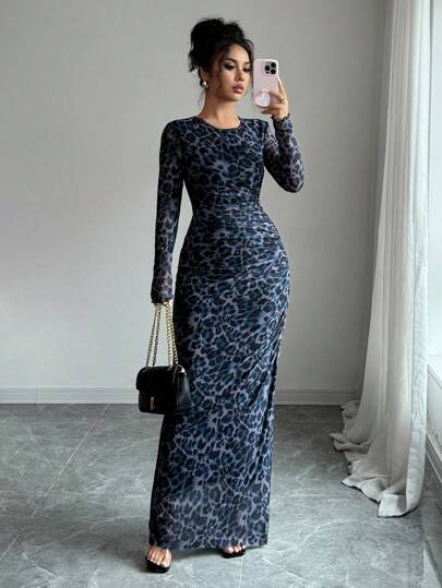 Rafferiza 女士优雅豹纹修身网眼透视长袖连衣裙，适合春秋季长款女装