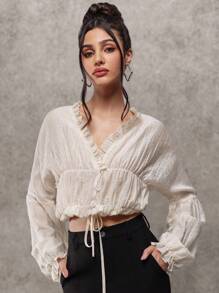 Avenya Fairycore 透明褶皱面料，轻盈透气，深 V 泡泡袖，收腰抽绳系带衬衫，办公室性感女神，秋季，秋冬，辣妹风格，休闲日常穿着 - 杏色 - 查看 3