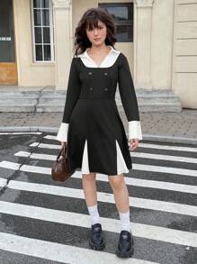Teen Girl Elegant Colorblock Splice 2 In 1 Dress - Black and White - View 1