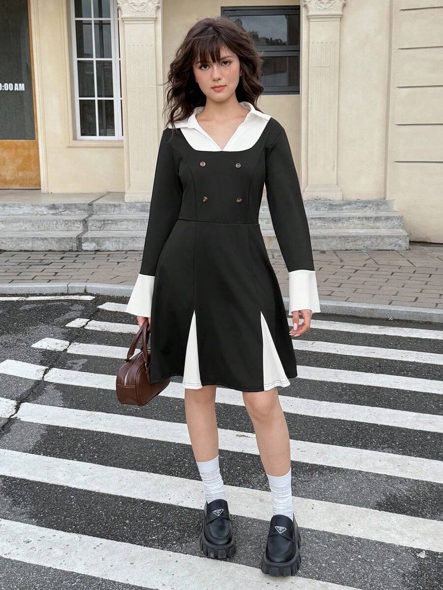 Teen Girl Elegant Colorblock Splice 2 In 1 Dress - Black and White - View 1