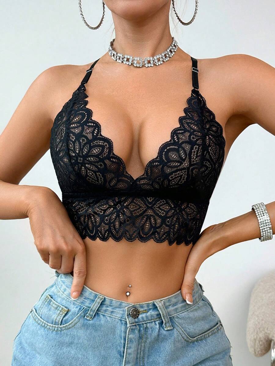 SHEIN 1件女士蕾丝透视无钢圈露背性感文胸 - 黑色 - 查看 1