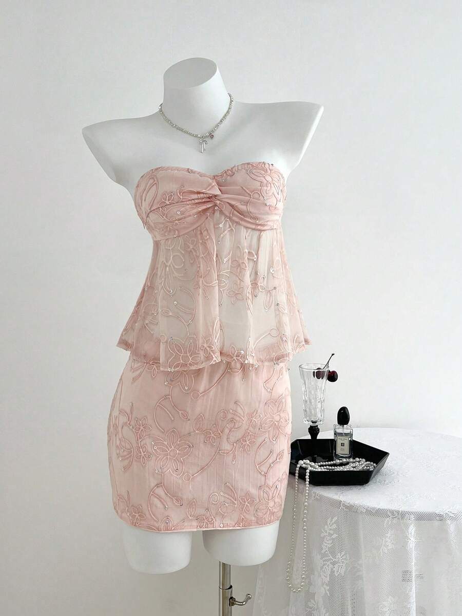 SHEIN Unity Women's Sexy Sequin Embroidery Twist Cropped Tank Top + Bodycon Mini Skirt Two Piece Set, Fashionable Summer Outfit - Baby Pink - View 1