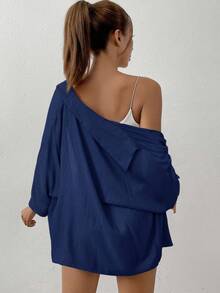 SHEIN EZwear Kemeja Lengan Kelelawar Putih Polos Musim Semi - Navy Blue - View 2