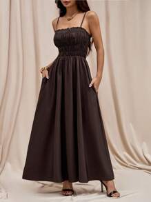 SHEIN PETITE Váy không dây màu nâu, lãng mạn và thanh lịch cho kỳ nghỉ mùa thu đông - Cà phê nâu - Xem 3