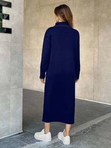 EURMUSE Women's Knitwear Dress With Polo Neck,Petite - Navy Blue - View 6