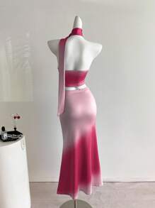 Elamini 女式夏威夷花卉印花短款上衣和低腰紧身裙，春夏 - 粉色 - 查看 2