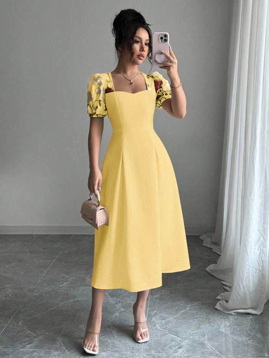 Elenzga Vestido plisado de mujer con cuello cuadrado, mangas abultadas y bordado en la cintura - Amarillo - Ver 1