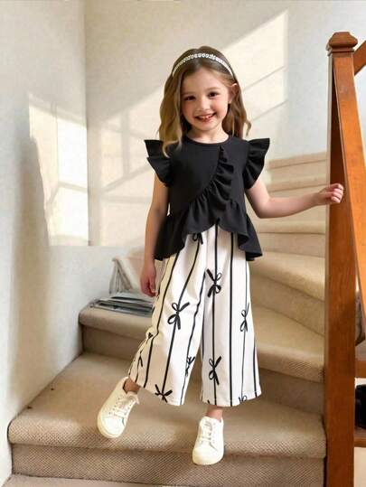 Elladie kids Young Girls Cute Asymmetrical Hem Design & Bow Print Casual Pants Set Toddler Girl Two Pieces Set Toddler Girl Black Ruffle Top And Bow Print Pants Set Toddler Girl Black And White Outfit Girls Summer Outfit Toddler Girl Summer Set Toddler Girl Two Pieces Outfit Black Ruffle Top And Striped Pants Set Toddler Girl Bow Print Pants