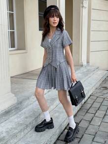 少女夏季休闲格子衬衫和百褶裙套装 - 灰色 - 查看 5