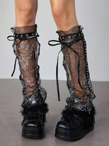 Grunge Punk 1 Cặp tất chân ren đen họa tiết mạng nhện sang trọng, quai da PU đính đinh tán hình ngôi sao phong cách Y2K, thích hợp cho biểu diễn hàng ngày, tiệc tùng và sân khấu, Halloween - màu đen - Xem 2