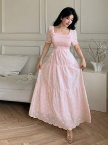 Modelyn 法式方领泡泡袖镂空刺绣收腰修身A字裙女装 - 粉色 - 查看 6