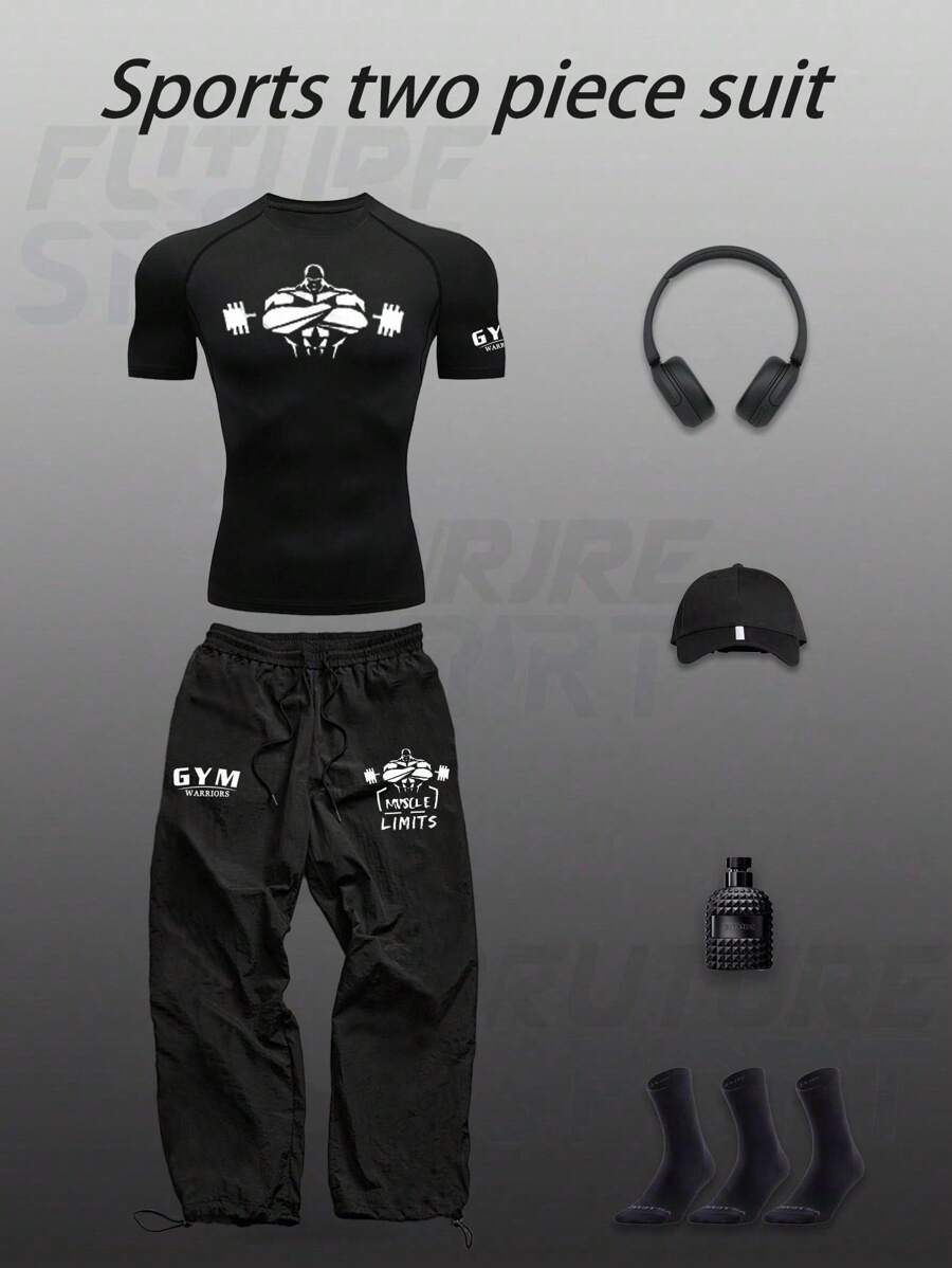 Gym Rark Muscle Man Print T-Shirt And Pants Sports Gym Set For Men - Black - View 1