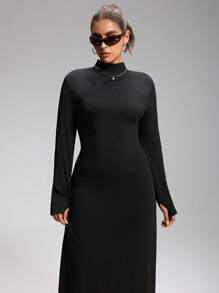 SHEIN EZwear 女式加大码纯色简约修身美人鱼连衣裙 - 黑色 - 查看 10