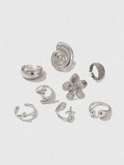 Goth 8 pièces Bague en métal inspiration océan, anneau géométrique à fleur de coquillage et d'étoile de mer brillante. Cadeau pour femme/fille/épouse