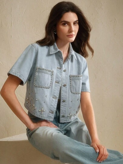 Anewsta 大量装饰手工缝制水钻浅蓝色牛仔上衣