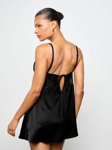 AiiRZ 奢华缎面睡裙睡袍带蕾丝花边 V 领娃娃裙优雅内衣睡衣吊带裙女士新娘礼物 - 黑色 - 查看 2