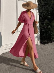 EURMUSE Ruffle Sleeve Crew-Neck Buttoned Maxi Dress With Shell Belt - Dusty Pink - View 4
