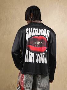 SUMWON T-shirt à manches longues style maillot de basket-ball en maille avec graphique de lèvres rouges, impression rétro de la ville, mode urbaine moderne, vêtements de rue décontractés et actifs - Noir - Voir 1