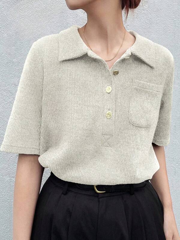 FRIFUL Women's Fitted Polo Collar Metal Button Decor Short Sleeve T-Shirt, Summer Ribbed Knit Top Short Sleeve Polo Shirt Womens Summer Top Sage Green Shirt Knit Polo Top