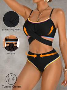 Shapewave 2pcs/Set Women's Neon Black, Pink, Blue, Purple Shark Tooth Print Push-Up Tummy Control Swimwear Bikini, Casual For Spring, Summer, Beach, Party - Multicolor - View 1