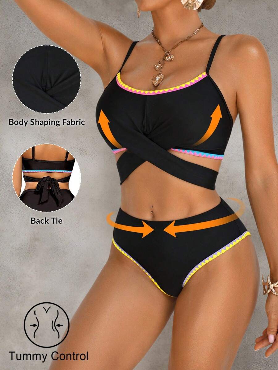Shapewave 2pcs/Set Women's Neon Black, Pink, Blue, Purple Shark Tooth Print Push-Up Tummy Control Swimwear Bikini, Casual For Spring, Summer, Beach, Party - Multicolor - View 1
