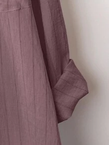 Linhara Kemeja Panjang Wanita Ukuran Besar Musim Semi/Gugur Kasual Motif Garis-garis Patchwork Saku Hem Melengkung untuk Wanita - Dusty Pink - View 4