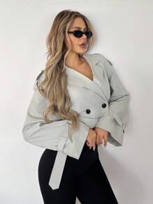 SHEIN ICON Jaqueta corta-vento feminina casual, com recorte na cintura e manga comprida, desfiada e com desfiado, gola alta, estilo streetwear, outono/inverno - Branco - Ver 4