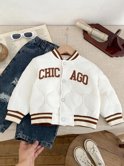 SHEIN Young Boys Casual College Letter Print Patchwork Contrast Color Thick Fleece Padded Coat, Warm Winter Quilted Coat Suitable For Commuting, School, Home, Leisure, Street Style, Party, Autumn/Winter, Skiing, Playing In Snow Kids Bomber Jacket Varsity Jacket Kids Letterman Jacket Kids Kids Quilted Bomber Jacket Chicago Jacket Kids Fall