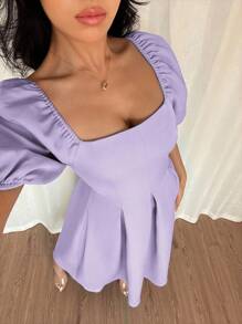 Elenzga Women's Purple Elegant Summer Wedding Dress,Simple Commuting Business Casual Square Neck Ruffle Hem Puff Short Sleeve Solid Color Vacation Dress - Mauve Purple - View 3