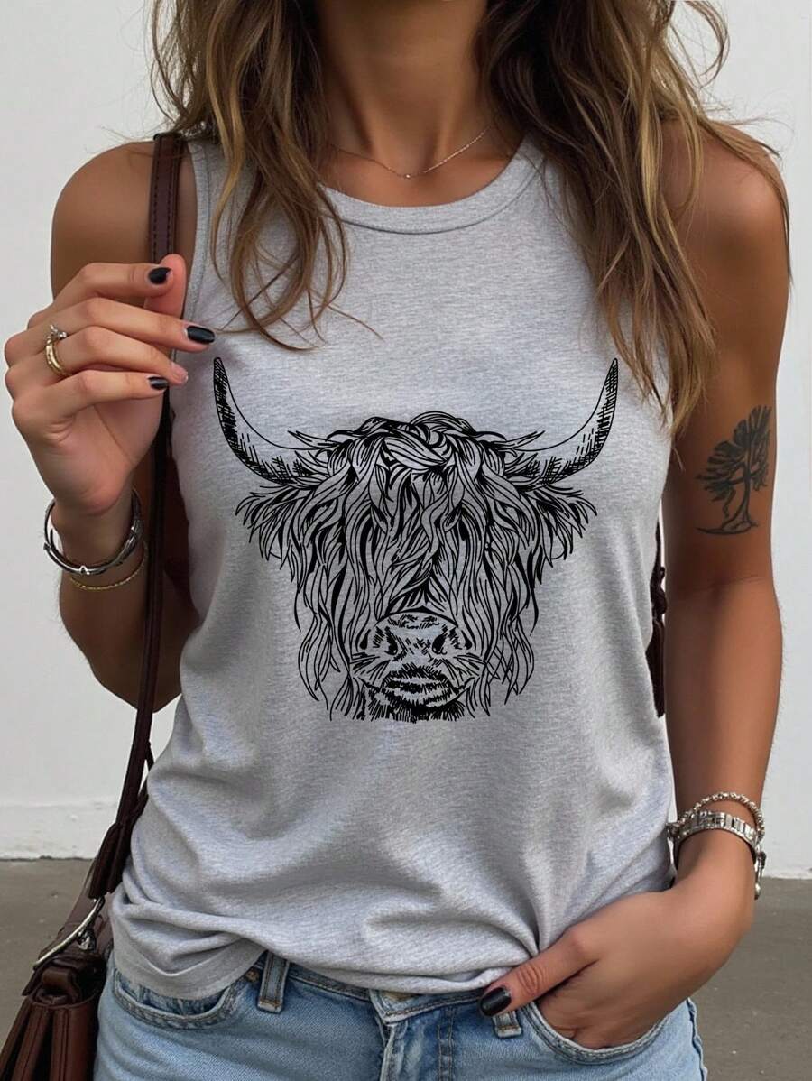 SHEIN Áo ba lỗ không tay in họa tiết bò tót mùa hè - Màu Xám nhạt - Xem 1