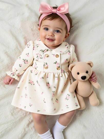 SHEIN 1 新生儿公主领蝴蝶结前襟连衣裙 婴儿/幼儿女孩