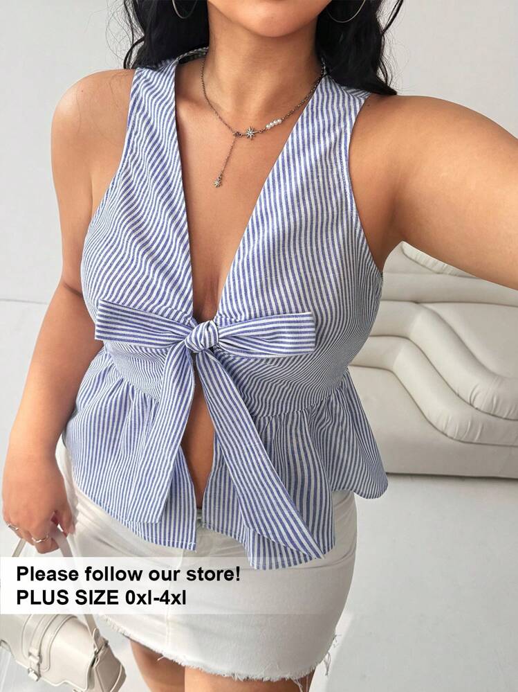 SHEIN EZwear 大码条纹印花荷叶边下摆系带无袖衬衫 - 藍白色 - 查看 1