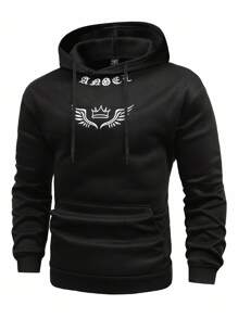 Manfinity Homme 男士休闲翼形与艺术字母刺绣连帽衫，黑色 - 黑色 - 查看 1