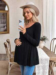 SHEIN 休闲长袖针织蕾丝U领修身孕妇上衣