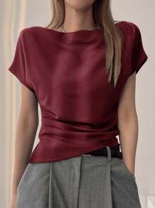 DAZY 女式纯色褶皱不对称领口休闲短袖T恤