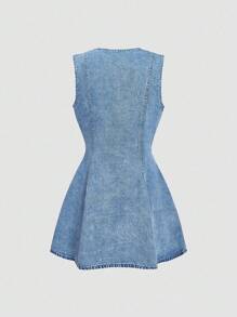 SHEIN MOD 女式牛仔无袖迷你连衣裙，休闲修身，蓝色 - 淺色水洗藍 - 查看 3