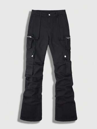 Street Life Pantalones cargo de mezclilla casuales con pliegues de unicolor para hombres